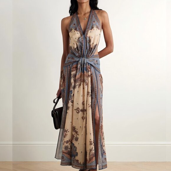 Zimmermann Ascension Plunge Halter Printed Cotton Maxi Dress Multi Floral - Picture 1 of 11